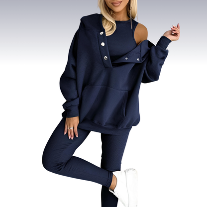 Comfortable 3-piece fall set - hoodie with buttons, shirt and leggings