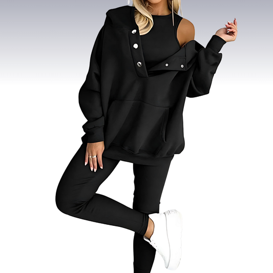 Comfortable 3-piece fall set - hoodie with buttons, shirt and leggings