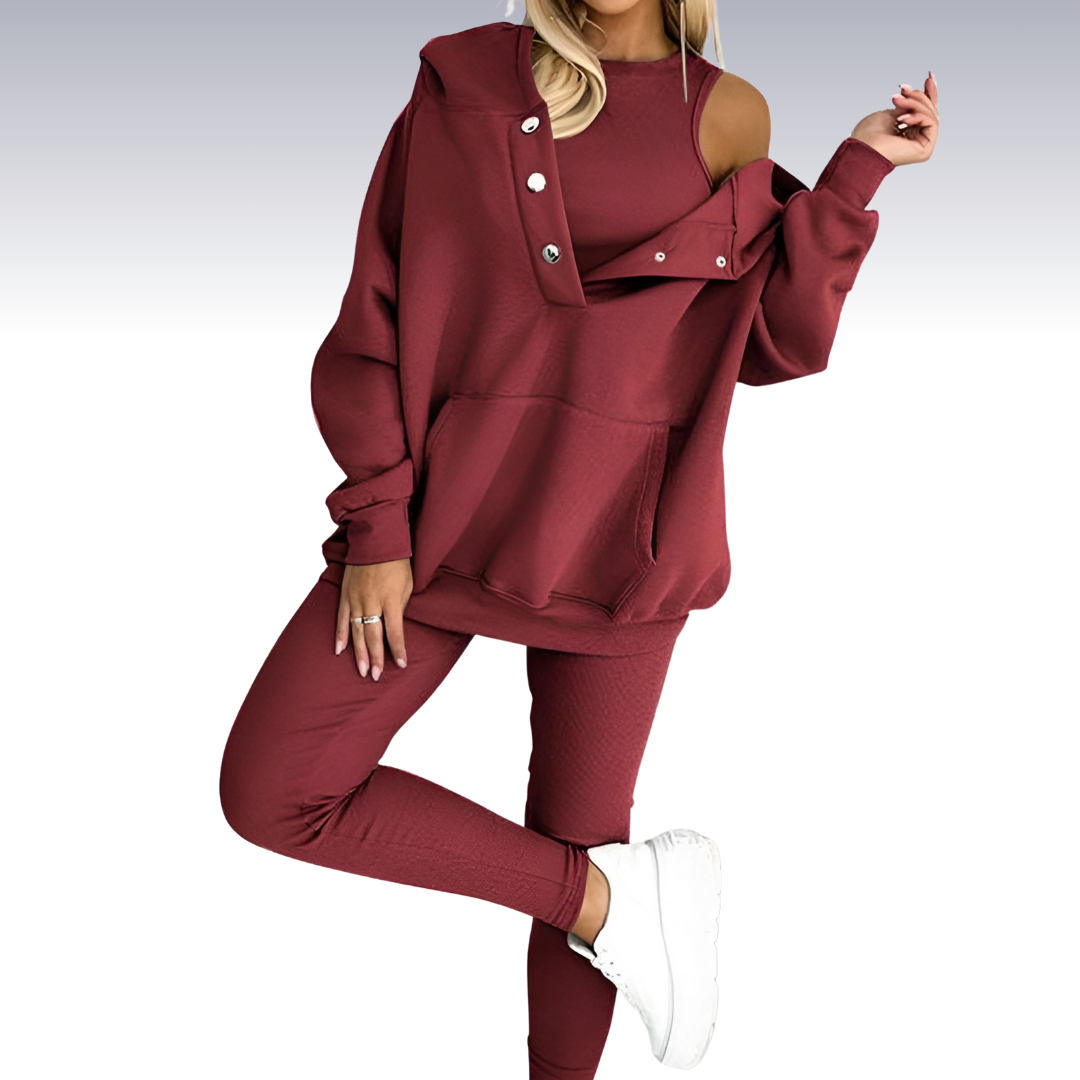 Comfortable 3-piece fall set - hoodie with buttons, shirt and leggings