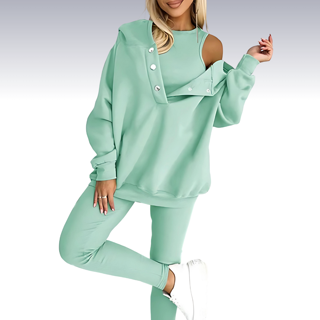 Comfortable 3-piece fall set - hoodie with buttons, shirt and leggings