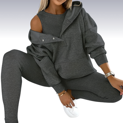 Comfortable 3-piece fall set - hoodie with buttons, shirt and leggings