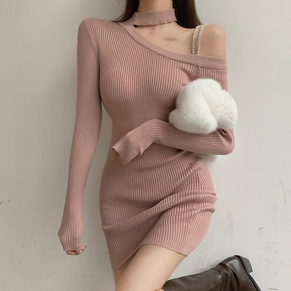 Winter chic knitted dress with halterneck and long sleeves