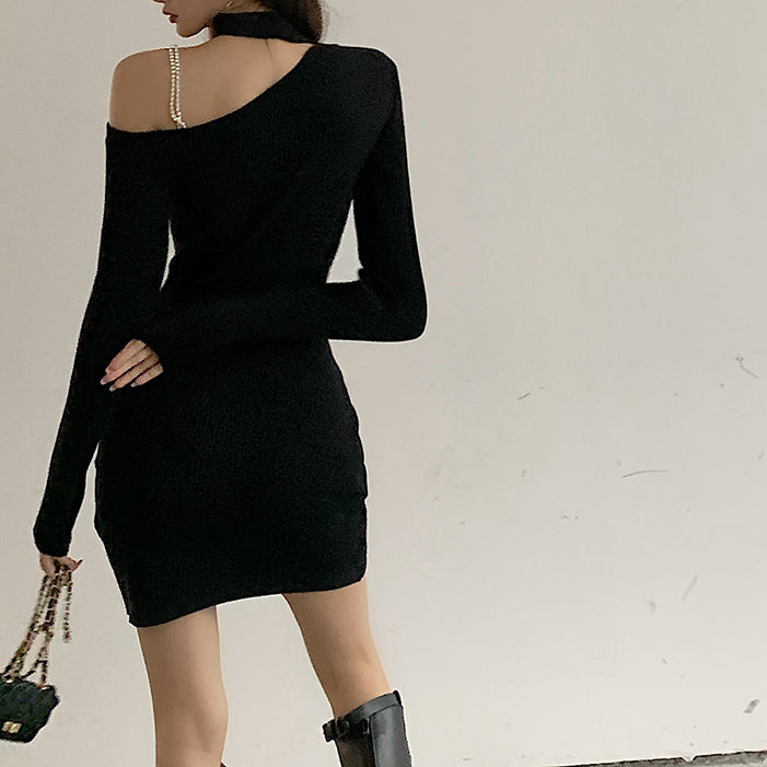 Winter chic knitted dress with halterneck and long sleeves