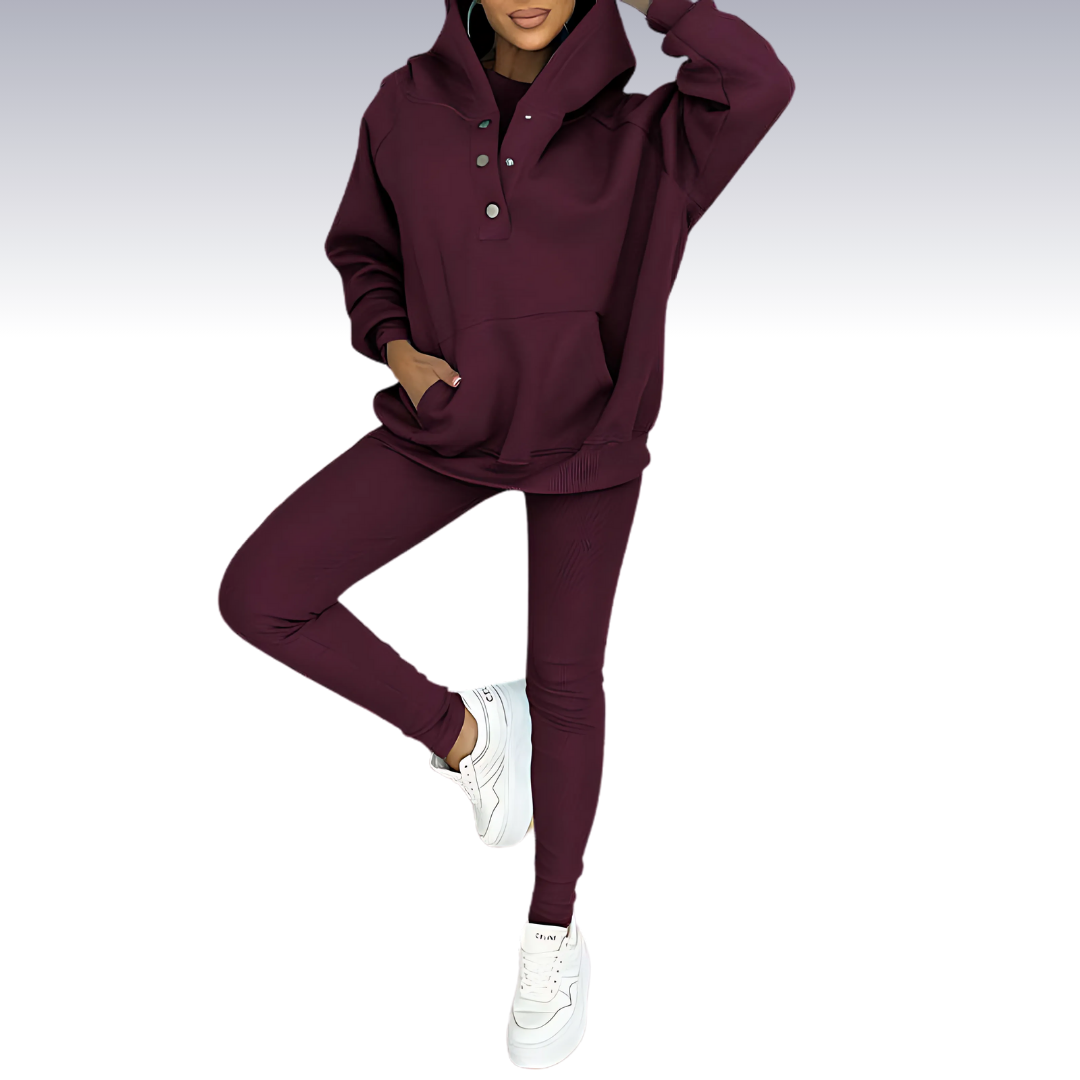 Comfortable 3-piece fall set - hoodie with buttons, shirt and leggings