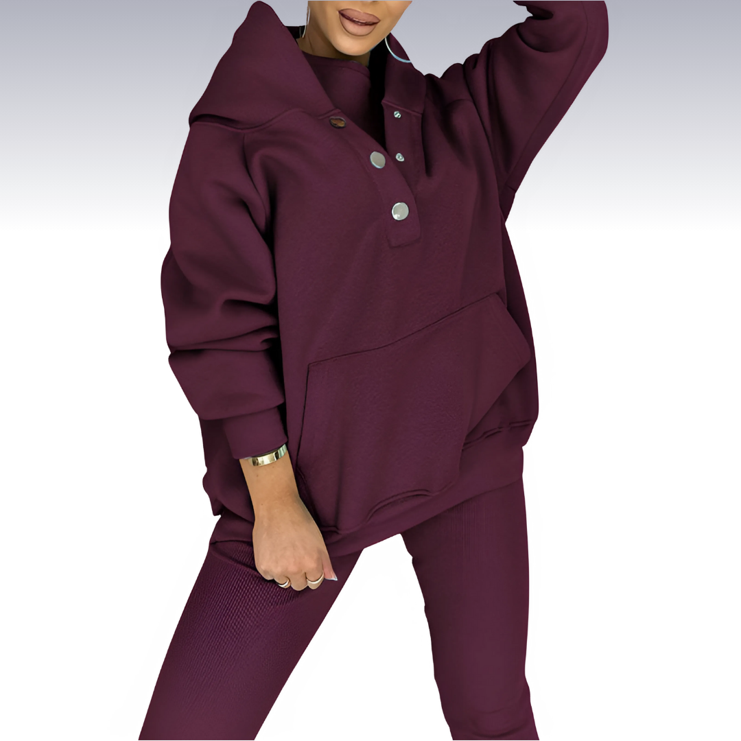 Comfortable 3-piece fall set - hoodie with buttons, shirt and leggings