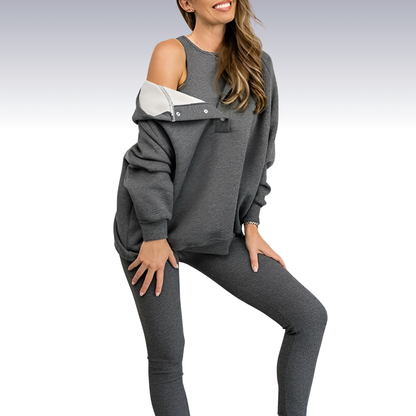 Comfortable 3-piece fall set - hoodie with buttons, shirt and leggings