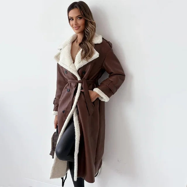 Long ladies winter coat leather look