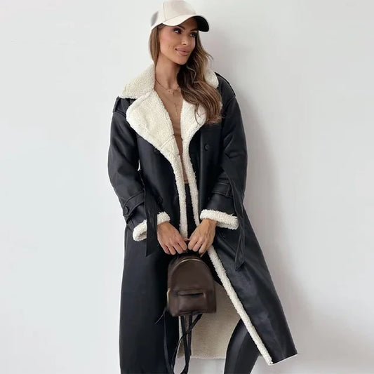 Long ladies winter coat leather look