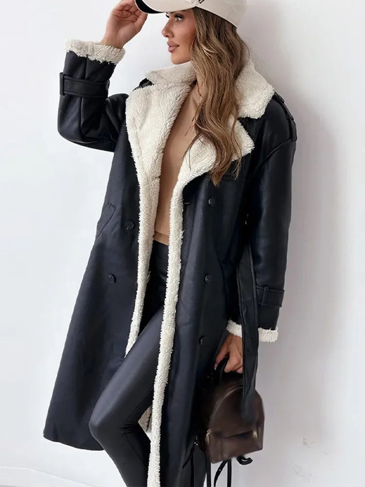 Long ladies winter coat leather look