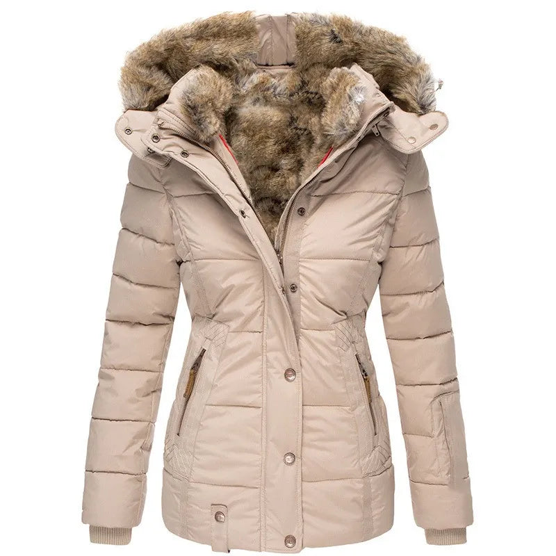 Warm long women's winter coat with faux fur lining