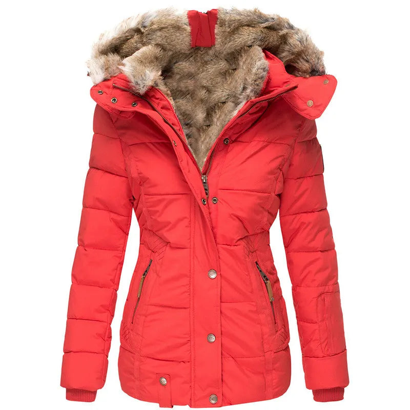 Warm long women's winter coat with faux fur lining